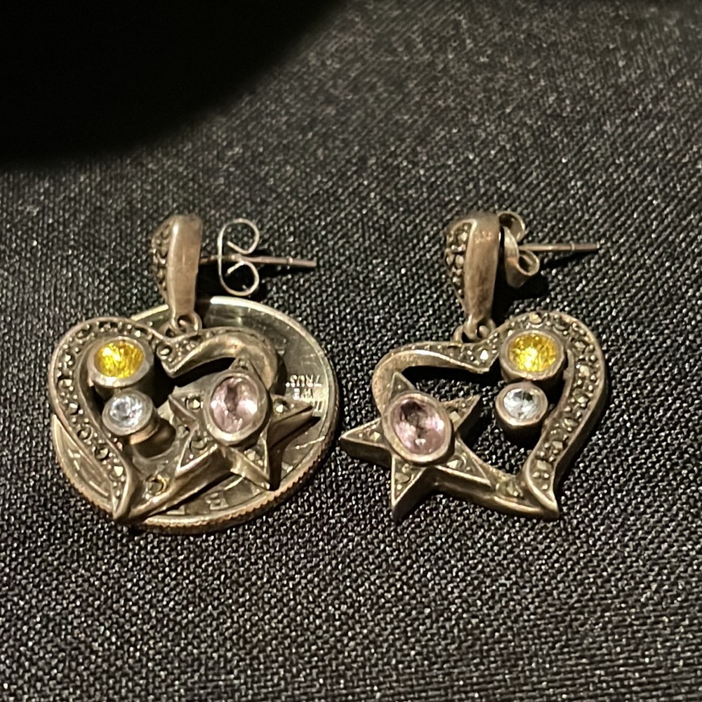 Vintage marcasite heart and stars with gemstones, drop earrings - Picture 7 of 9